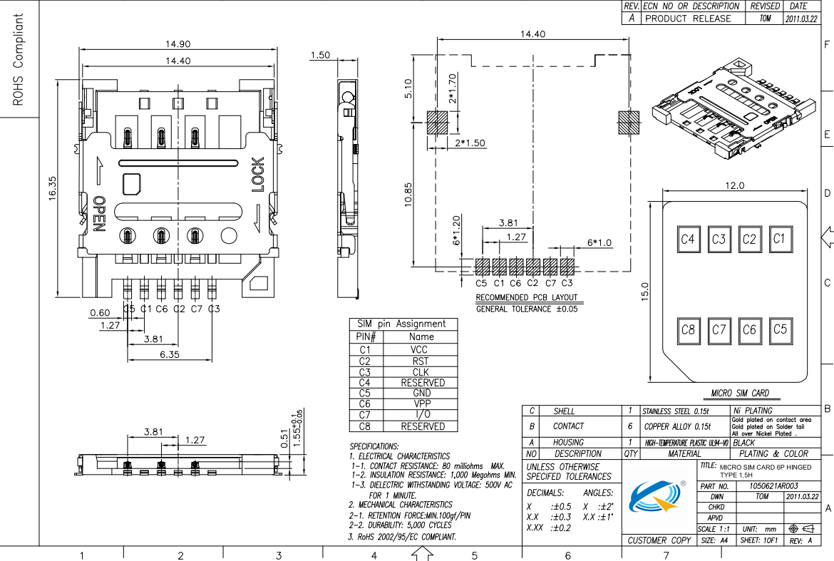 翻蓋式6P1.5/1.8H卡座圖紙
