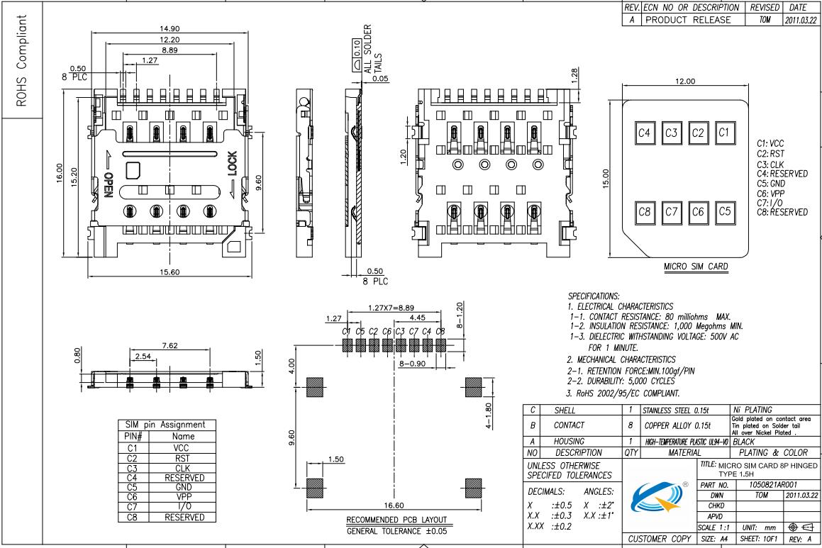 翻蓋式8P1.5H單排SMT卡座圖紙