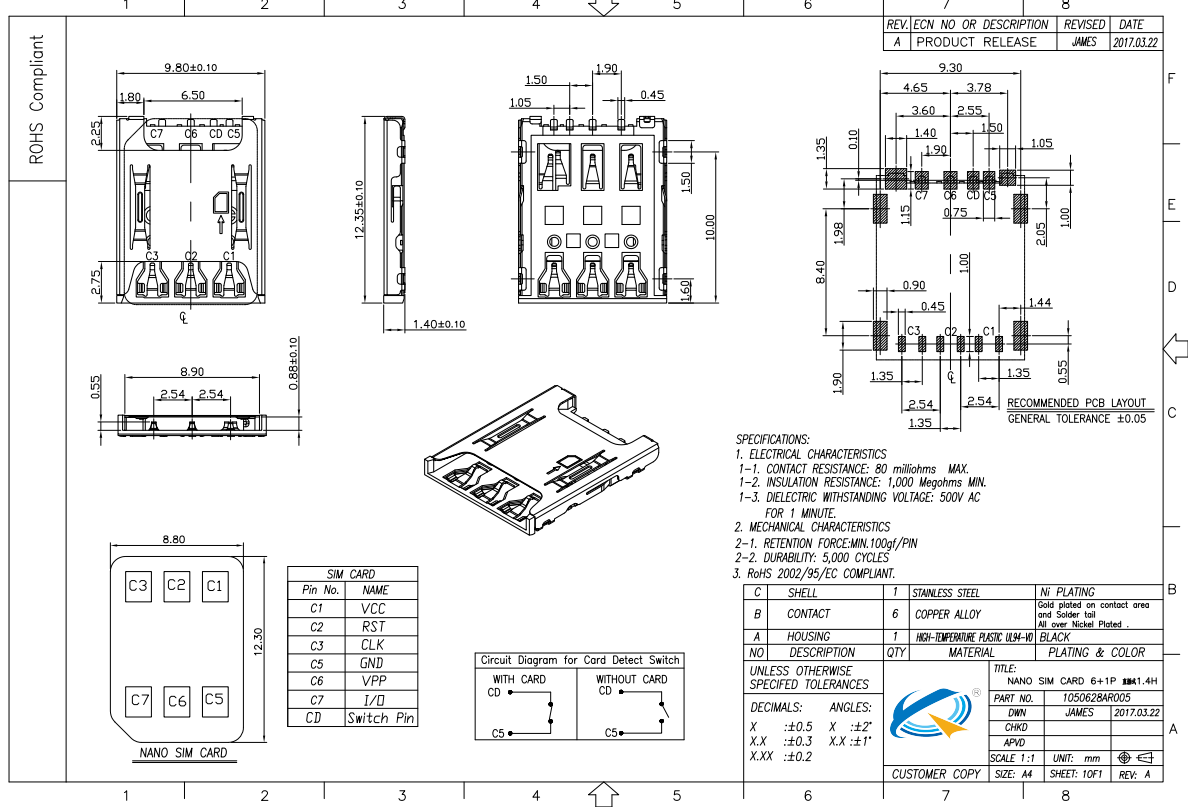直插式6+1P 1.4H貼片卡座圖紙
