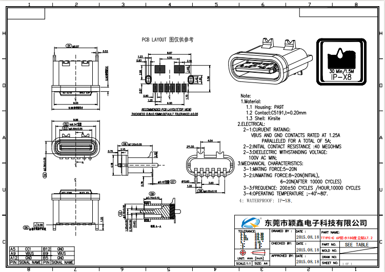 180度立式6P貼板L7.2鋅合金TYPE-C防水母座圖紙