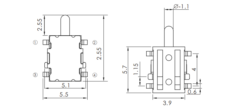 2.55*5.5小烏龜復位檢測開關尺寸圖